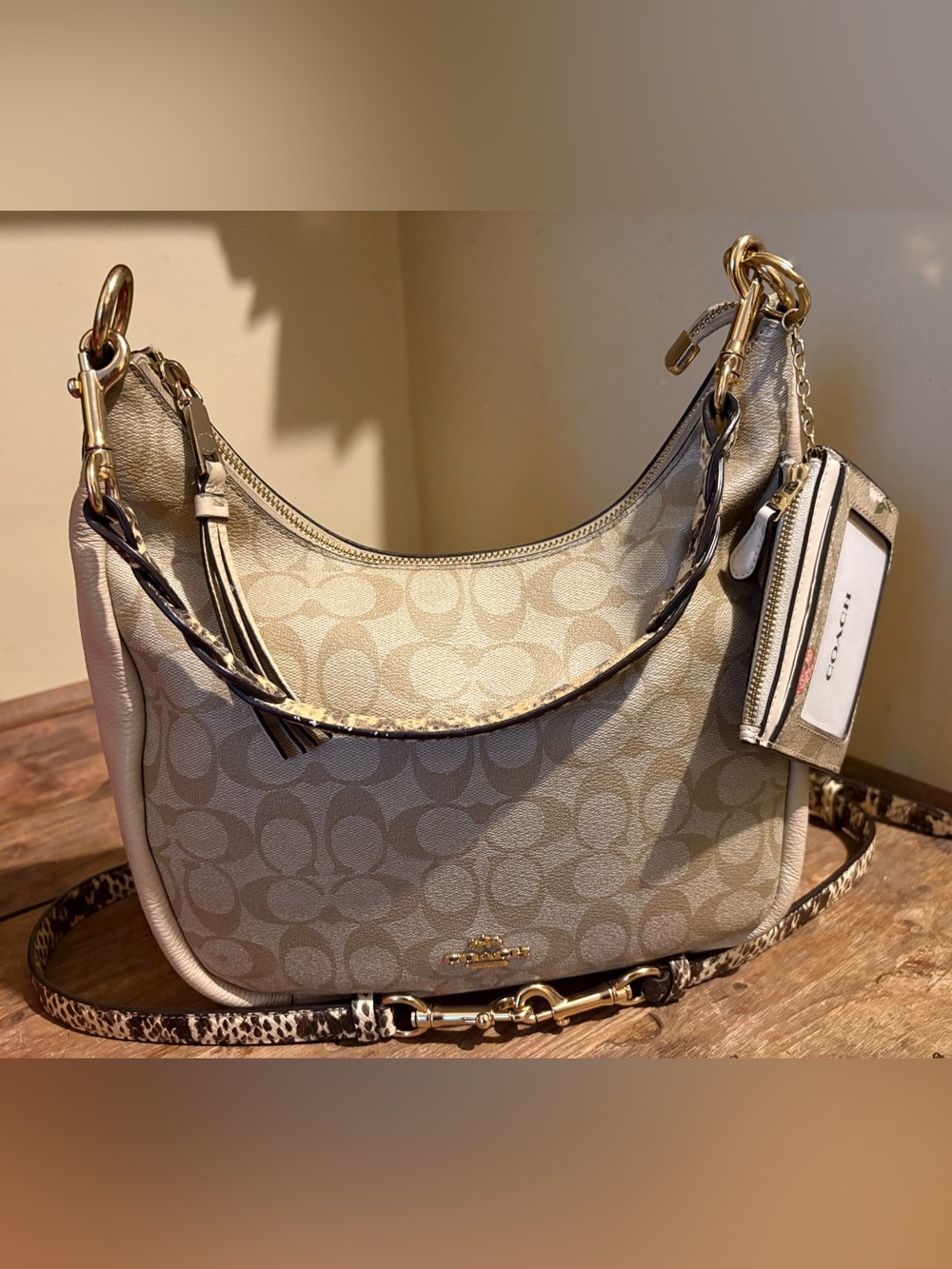 Coach Cream Signature Canvas Shoulder Bag with Snake-Print Strap